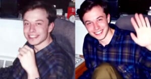 Side-by-side photos of a young man with brown hair in a plaid shirt, smiling at the camera. In the right image, he is seated and waving with his right hand.