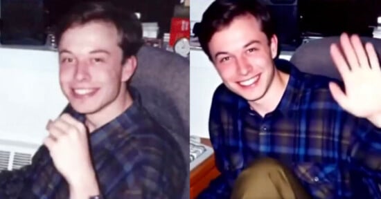 Side-by-side photos of a young man with brown hair in a plaid shirt, smiling at the camera. In the right image, he is seated and waving with his right hand.