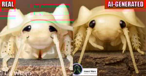 Side-by-side images compare a real translucent insect (left) with prominent black eyes and fine details, to a similar but AI-generated insect (right) with a smoother face and labeled “REAL” and “AI-GENERATED” at the top.