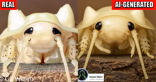 Side-by-side images compare a real translucent insect (left) with prominent black eyes and fine details, to a similar but AI-generated insect (right) with a smoother face and labeled “REAL” and “AI-GENERATED” at the top.