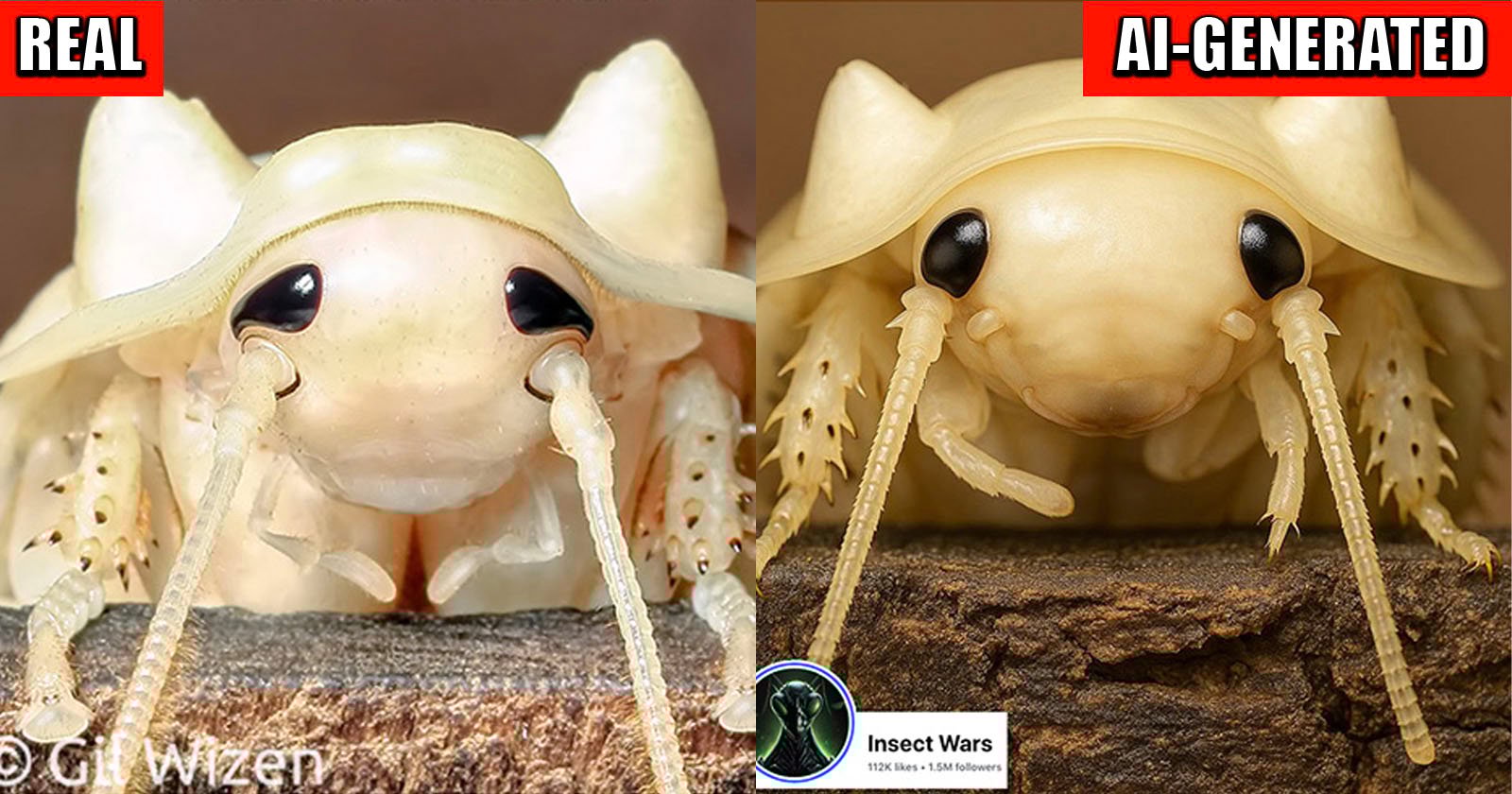 Side-by-side images compare a real translucent insect (left) with prominent black eyes and fine details, to a similar but AI-generated insect (right) with a smoother face and labeled “REAL” and “AI-GENERATED” at the top.