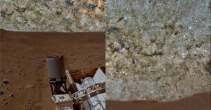 A spacecraft or rover on a rocky, reddish-brown surface under a star-filled sky with dense clusters of stars and cosmic dust, creating a striking contrast between ground and space.