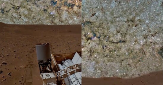 A spacecraft or rover on a rocky, reddish-brown surface under a star-filled sky with dense clusters of stars and cosmic dust, creating a striking contrast between ground and space.