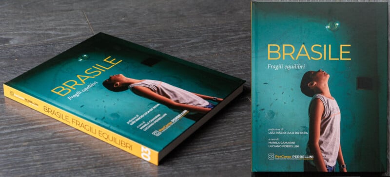 Two copies of the book "BRASILE: Fragili equilibri" are shown, one lying flat and one standing upright. The cover features a boy looking up against a blue background with a small green object above him.