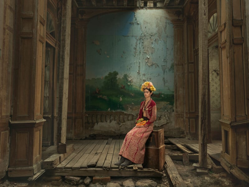 A woman in a red patterned dress and yellow flower crown sits on wooden crates in a dilapidated, grand room with peeling walls and a faded mural of a landscape in the background. Light streams in from above.