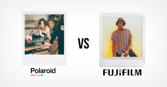 Side-by-side comparison of Polaroid and Fujifilm instant photos; Polaroid shows two people looking at prints, Fujifilm shows a person posing against a yellow wall. "VS" is written between the images.