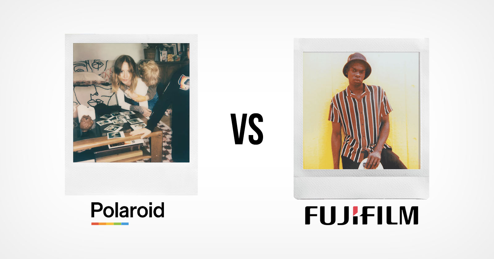 Side-by-side comparison of Polaroid and Fujifilm instant photos; Polaroid shows two people looking at prints, Fujifilm shows a person posing against a yellow wall. "VS" is written between the images.