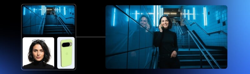 A woman in a black turtleneck stands in a blue-lit stairwell, smiling and touching her face. Smaller images show her portrait, a pair of sunglasses, and a green smartphone.