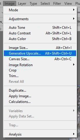 A screenshot of the "Image" dropdown menu in graphic editing software, with the "Generative Upscale" option highlighted. Keyboard shortcuts for various options are visible on the right.