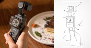 A hand holds a compact handheld camera with a screen displaying food. Next to it is a technical drawing of a similar camera showing a display and buttons, with a finger pressing a button.
