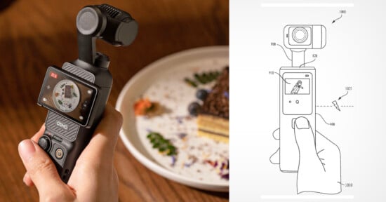 A hand holds a compact handheld camera with a screen displaying food. Next to it is a technical drawing of a similar camera showing a display and buttons, with a finger pressing a button.