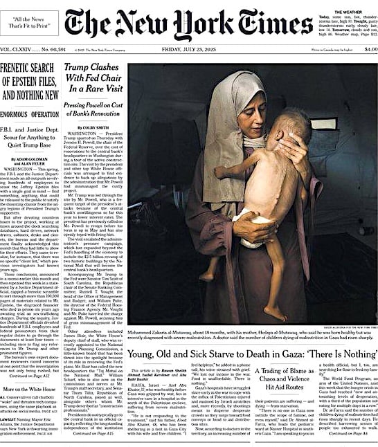 A woman in a headscarf holds a severely malnourished child in her arms, standing in a dimly lit room. The New York Times front page highlights Gaza’s humanitarian crisis with headlines about starvation and suffering.