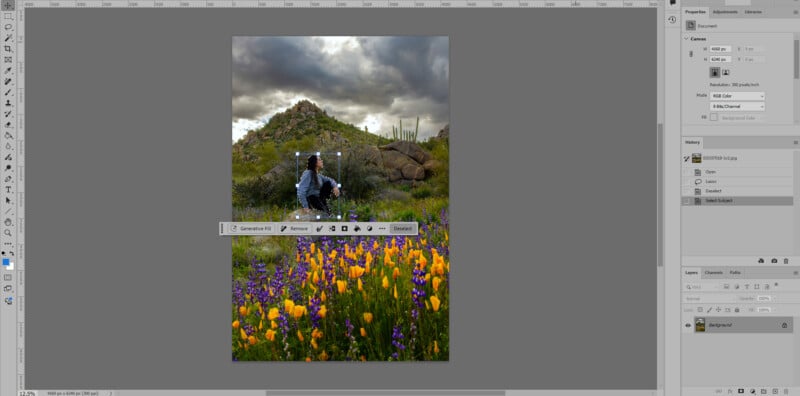 Screenshot of Photoshop showing an image being edited. The image features a person sitting on a grassy hillside with rocks, wildflowers, and dramatic cloudy skies. Editing tools and panels are visible around the workspace.