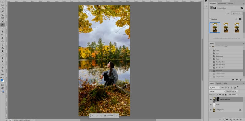 A person in a black jacket sits on a mossy log by a calm lake, surrounded by autumn trees with yellow leaves, under a cloudy sky. The Photoshop workspace and editing panels are visible around the image.