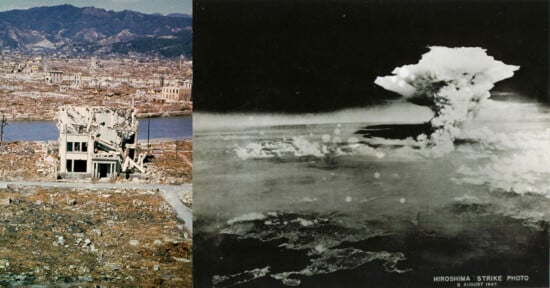 Split image: Left shows a ruined building amid devastation in Hiroshima; right shows a black-and-white photo of a large mushroom cloud rising after the atomic bomb strike in 1945.