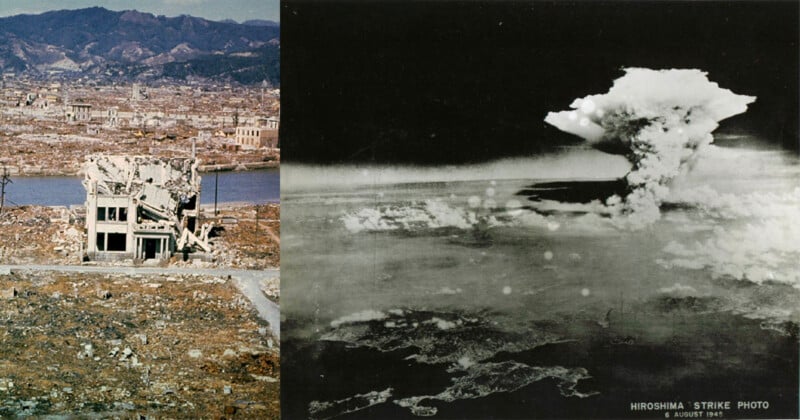 Split image: Left shows a ruined building amid devastation in Hiroshima; right shows a black-and-white photo of a large mushroom cloud rising after the atomic bomb strike in 1945.