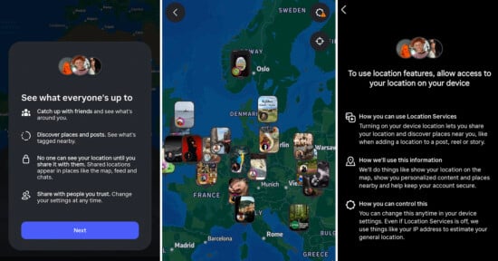 Three app screens: the first prompts users to share their location with friends, the second shows a map of Europe with friends’ profile pictures at various locations, and the third explains how to enable and use location services.