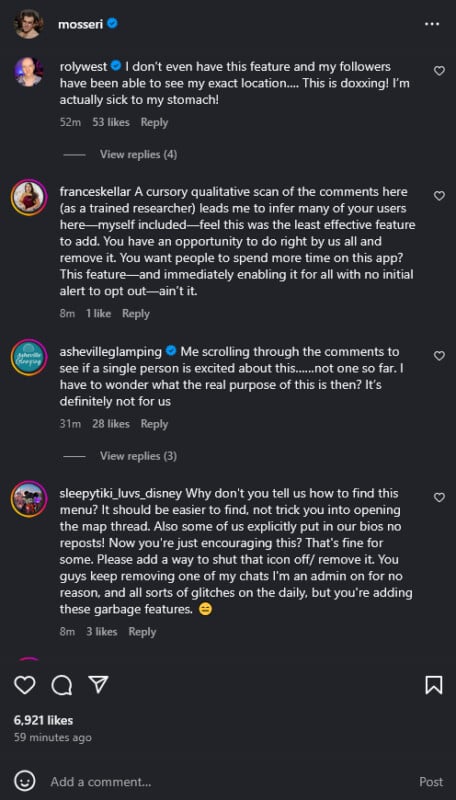 Instagram comment thread discussing a feature that reveals users' exact locations, with multiple users expressing concerns about privacy, safety, doxxing, and the negative impacts of the feature.