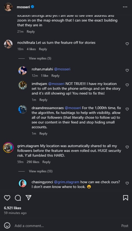 A screenshot of an Instagram post by user "mosseri" about location sharing, with several comments below discussing privacy concerns and the automatic sharing of followers' locations.