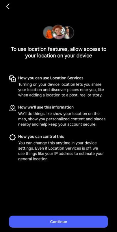A mobile screen displaying a prompt to allow location access, explaining how location services work, how information will be used, and how users can control settings, with a blue "Continue" button at the bottom.