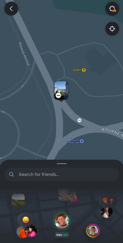 A map app interface showing a user's car location near Bourne Bridge and a Dunkin’ shop. At the bottom, profile icons of friends appear, and a search bar labeled "Search for friends..." is visible above them.