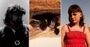 A composite image shows: a man with long, dark hair in a shadowed portrait, an off-road vehicle with the number 737 airborne on a dirt track, and a young girl in a red dress standing outdoors under bright sunlight.