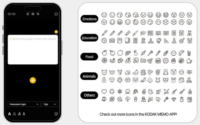 A smartphone screen shows a note-taking app, and next to it is a chart of small black-and-white icons categorized into Emotions, Education, Food, Animals, and Others.