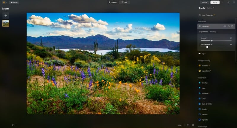 A vibrant desert landscape with wildflowers, cactus, and shrubs in the foreground, a lake in the midground, and mountains under a blue sky with scattered clouds in the background. Editing tools are visible on the right.
