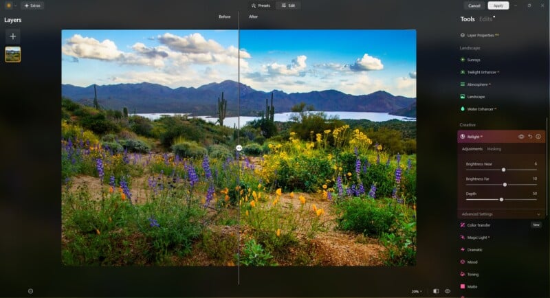 A photo editing software interface shows a split-screen of a desert landscape with wildflowers and mountains; the left side is dull, the right side is vibrant. Editing tools and settings are visible on the right panel.