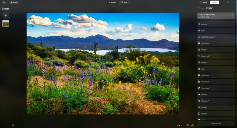 A vibrant desert landscape with wildflowers in the foreground, cacti, and shrubs, a lake in the middle ground, and mountains under a partly cloudy sky in the distance, shown on a photo editing software interface.