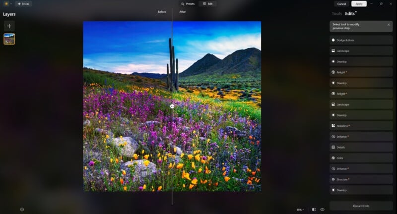 A vibrant desert landscape with colorful wildflowers, cacti, and mountains under a blue sky, shown in a photo editing program with before and after editing comparison and editing tools on the right side of the screen.