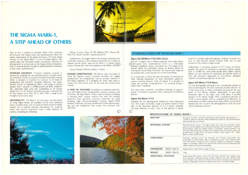 A vintage brochure for the Sigma Mark-1 camera shows photos of palm trees, a snowy mountain, and autumn trees by a lake. It details camera features, specifications, and compatible Sigma lenses in columns of text.