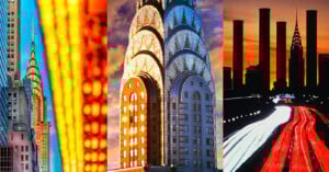 A collage of three vibrant images featuring the Chrysler Building in New York City, shown with city lights, a close-up of its Art Deco crown, and as a silhouette against a sunset sky with light trails.