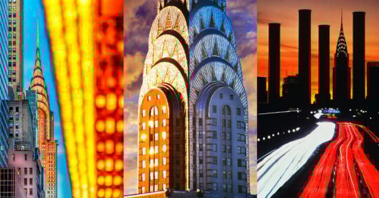 A collage of three vibrant images featuring the Chrysler Building in New York City, shown with city lights, a close-up of its Art Deco crown, and as a silhouette against a sunset sky with light trails.