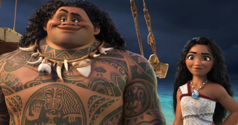 Animated characters Maui and Moana stand on a boat at sea. Maui is large, tattooed, and smiling, while Moana wears a necklace and looks determined. The sky is dark and stormy.