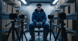 A man in a blue winter jacket and gloves sits on a stool in a storage room lined with metal shelves and cardboard boxes. He faces two cameras on tripods, with bright overhead lights illuminating the scene.