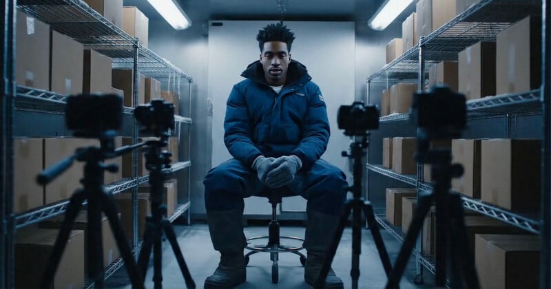 A man in a blue winter jacket and gloves sits on a stool in a storage room lined with metal shelves and cardboard boxes. He faces two cameras on tripods, with bright overhead lights illuminating the scene.