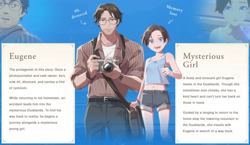 Two character profiles: Eugene, a serious man with glasses holding a camera, and a cheerful girl in a blue outfit waving. Text boxes describe Eugene as a cynical, divorced photographer and the girl as a kind, mysterious companion.