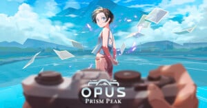 Anime-style illustration of a smiling person standing on water with floating photos around them. A hand holds a camera in the foreground. Blue sky, clouds, and mountains are in the background. Text reads "OPUS Prism Peak.