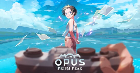 Anime-style illustration of a smiling person standing on water with floating photos around them. A hand holds a camera in the foreground. Blue sky, clouds, and mountains are in the background. Text reads "OPUS Prism Peak.