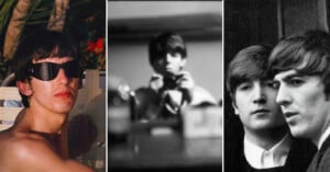 A collage of three photos: a young man wearing large sunglasses, a blurry black-and-white self-portrait with a camera, and a close-up of two young men with serious expressions in black and white.