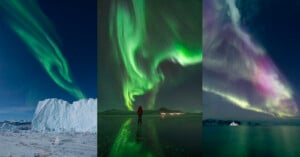 Three photos of the northern lights: the first shows green auroras over icy terrain, the second has a person standing beneath vivid green lights, and the third displays green and pink auroras over snow and water at night.