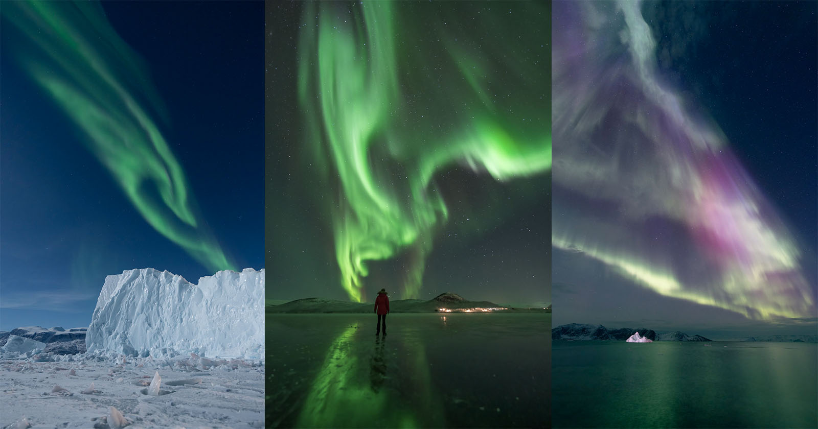 Three photos of the northern lights: the first shows green auroras over icy terrain, the second has a person standing beneath vivid green lights, and the third displays green and pink auroras over snow and water at night.