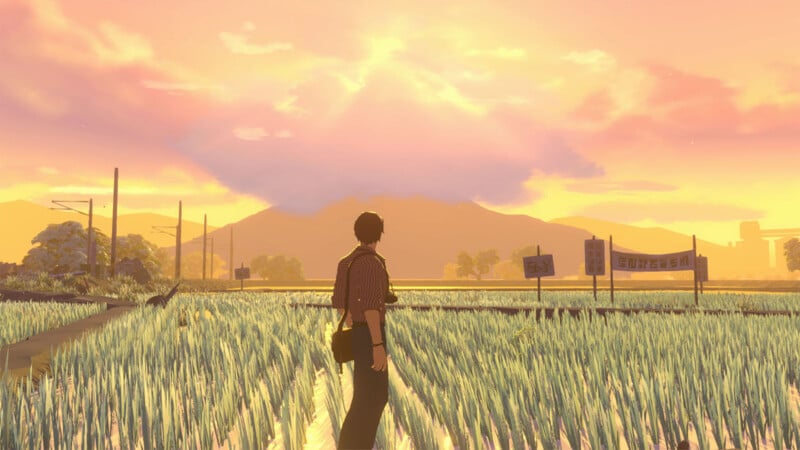 A person stands in a flooded rice field at sunset, gazing toward distant mountains under a glowing orange sky. Reflective water and green rice plants fill the foreground, with signs and power lines in the background.