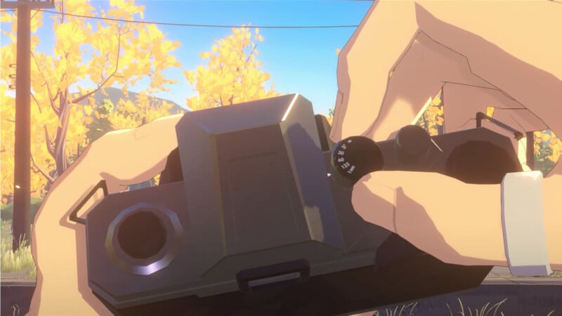 A close-up illustration of two hands holding a black camera against a bright outdoor backdrop with yellow autumn trees and blue sky.