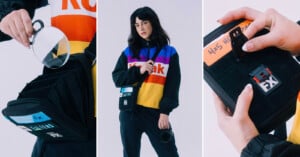 Three images: person in colorful Kodak jacket holding camera and modular black bag; close-up of bag's compartments; close-up of hand holding bag labeled “445 NOIR FX” and “EX.” Person wears black pants and a black fanny pack.