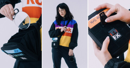 Three images: person in colorful Kodak jacket holding camera and modular black bag; close-up of bag's compartments; close-up of hand holding bag labeled “445 NOIR FX” and “EX.” Person wears black pants and a black fanny pack.