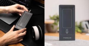 A person holds a rectangular ProGrade Digital device with a connected cable, next to a camera lens. The device is also shown standing upright on a table in a separate close-up shot.