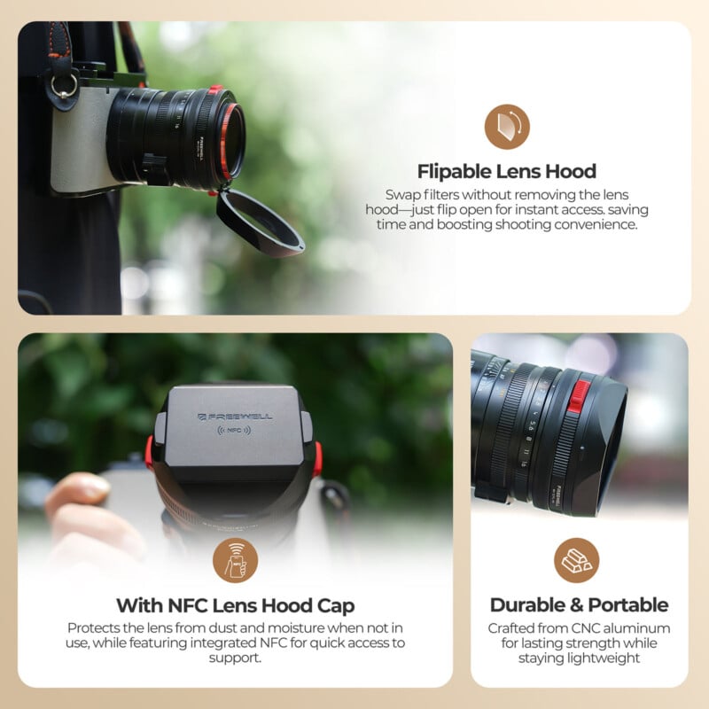 Three sections show a camera with a flippable lens hood, an NFC lens hood cap for protection and easy access, and a close-up of the camera lens, highlighting its durable, portable aluminum build.