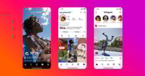 Three smartphone screens display different Instagram app pages: a reel showing a person looking up, a profile page with photos, and a feed with a person doing a handstand, all on a pink-to-orange gradient background.